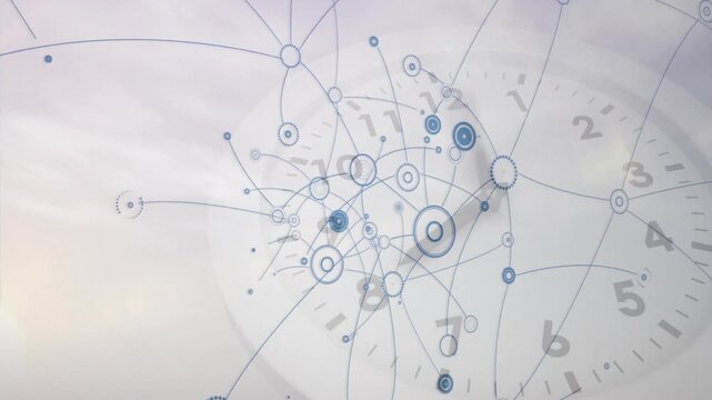 Animation of network connections over clock face, representing time and technology