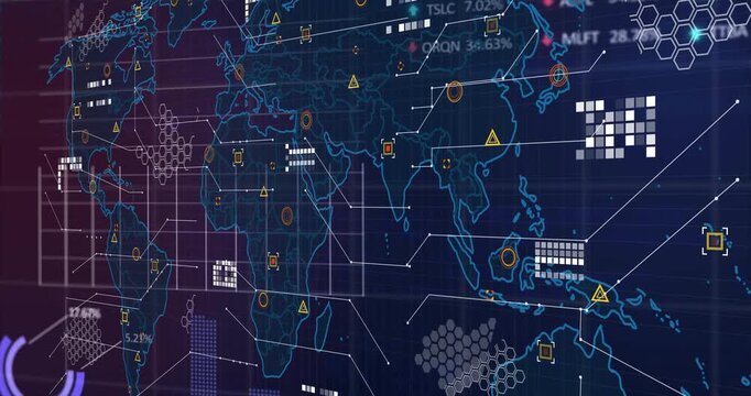 Stylized digital world map interface streaming data clusters, tracking brackets over animated grid