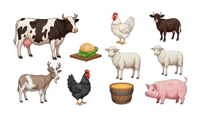 Fototapeta premium Collection of Farm animals on white background.