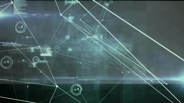 data analyst monitoring virtual technology interface, with glowing network lines and HUD bar charts