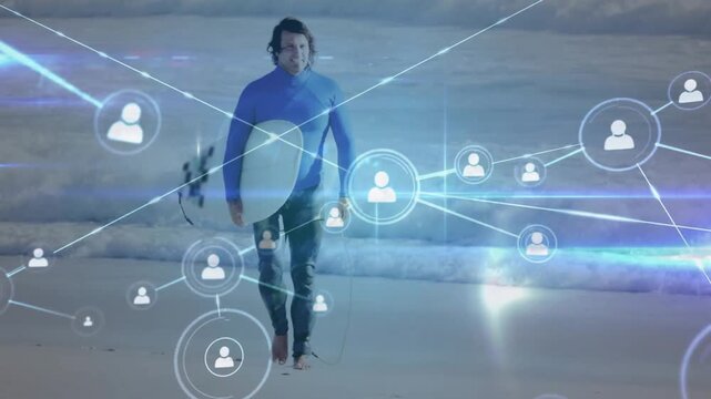 Surfer stepping onto beach and walking as animated icons forming growing tech network around him