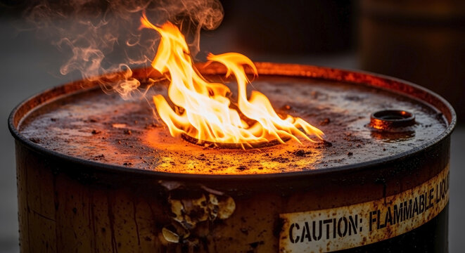 Close-up of burning oil barrel surface with bright flames reflecting on metal. Old burning oil barrel shows signs of wear, containing hazardous waste.