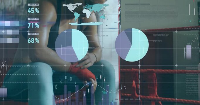 Female boxer removing red wrap then rewrapping hands in ring with data chart updating realtime