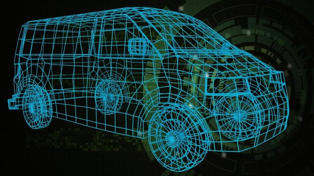 On startup cyan wireframe 3D van remaining static while green HUD circles pulsing for design demo