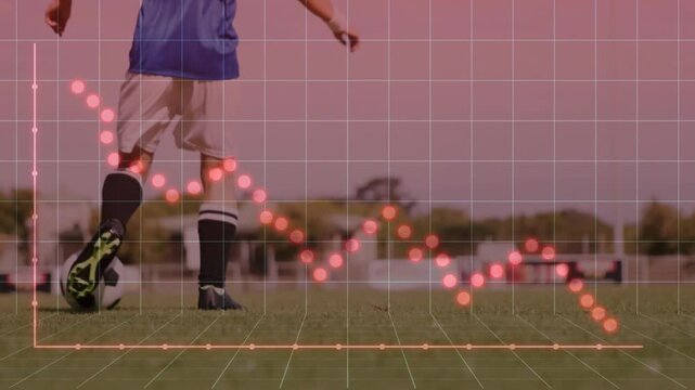 Red sports analytics grid appearing causing soccer player dribbling while mapping pressure speed