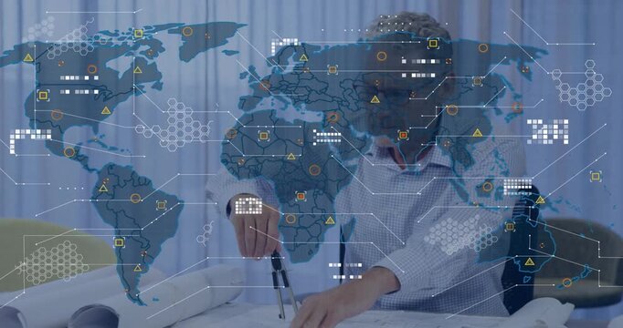 Engineer placing compass on blueprint and activating animated world map overlay for architecture
