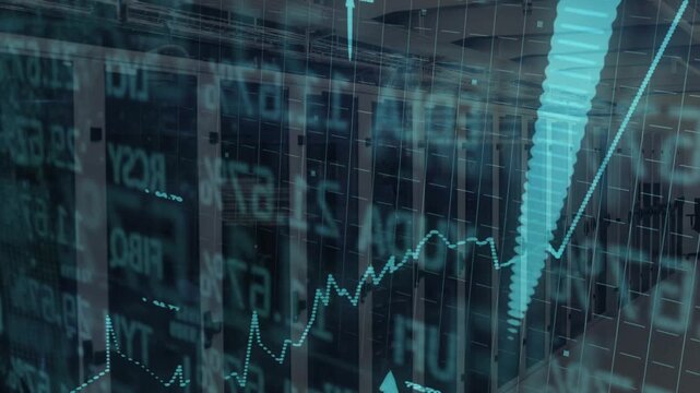 Translucent grid showing dotted-line chart emerging then rising with pulsing arrows marking peak