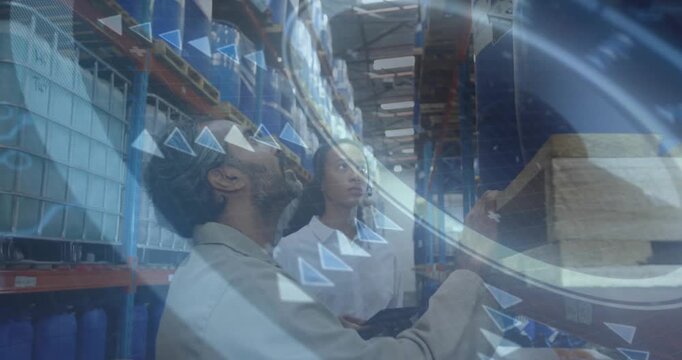 Warehouse lead pointing triggers scanning barrels using tablet with animated icons for stock update