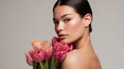 Fototapeta premium Elegant woman holding pink tulips against a neutral background