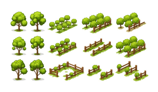 Collection of Trees and wooden fence sections.