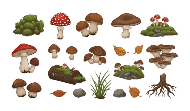Collection of Various types of mushrooms and fungi.