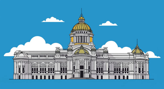 Stylized drawing of a grand, white neoclassical building with golden domes