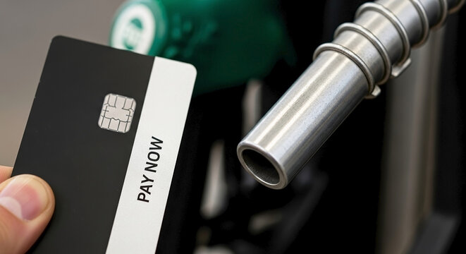 Hand holding bank card fuel pump nozzle for payment at gas station. Close up of human hand holding modern bank card fuel pump near refilling hose.