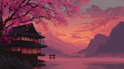 Fototapeta premium Traditional Japanese Pagoda by Lake at Sunset with Cherry Blossoms