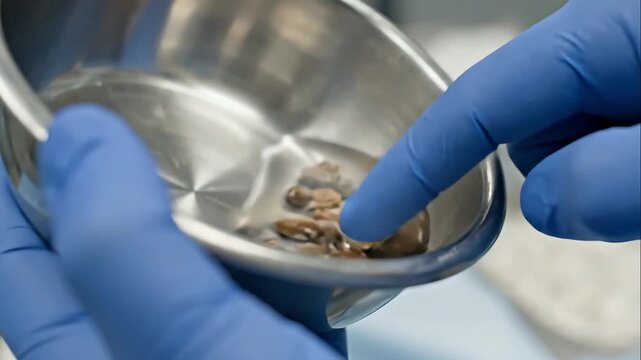 Extracted Kidney Stones of a patient held in a metal bowl by a medical professional in an operating room, highlighting urological surgery success.