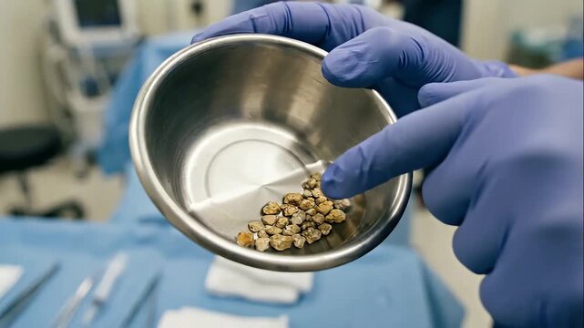 Extracted Kidney Stones of a patient held in a metal bowl by a medical professional in an operating room, highlighting urological surgery success.