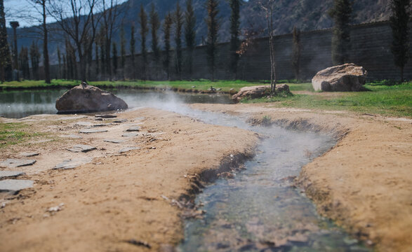 Hot mineral spring stream at Vanga temple complex in Rupite Bulgaria