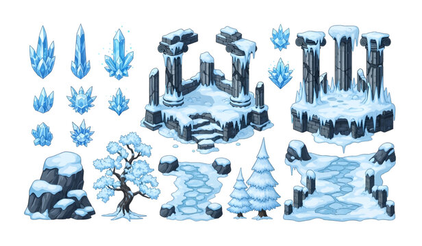 Collection of Snowy winter landscape ice crystals.