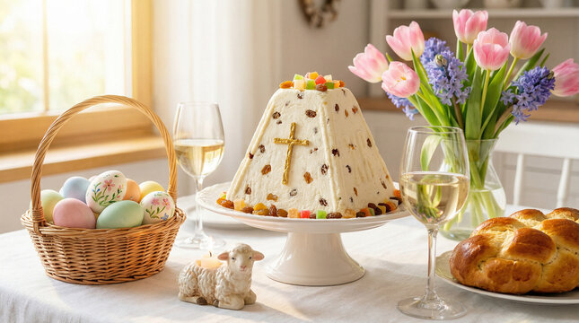 Catholic Easter table setting with cottage cheese Paskha, eggs, bread, lamb figurine and spring flowers in morning light