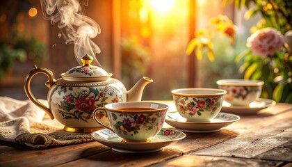 Fototapeta premium Elegant floral ceramic tea set with steaming cups and teapot, bathed in warm sunlight.