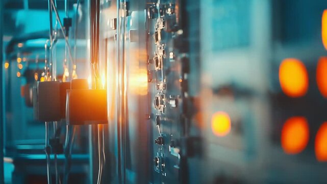 Sophisticated laboratory control panel with rows of switches, buttons and glowing orange indicator lights, evoking advanced industrial and scientific systems, data and innovation