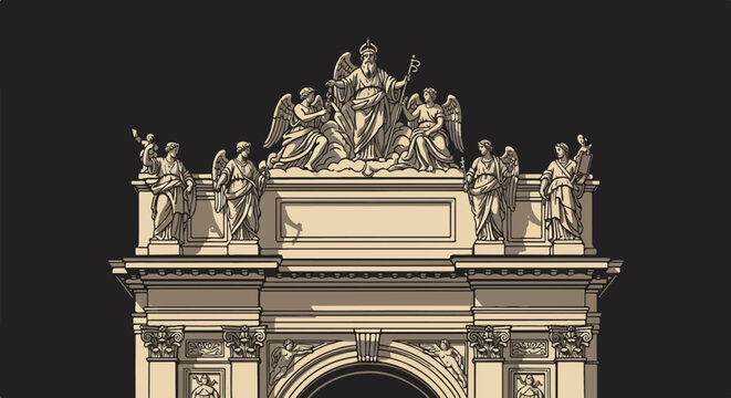 Ornate archway adorned with classical statues and winged figures under a dark sky