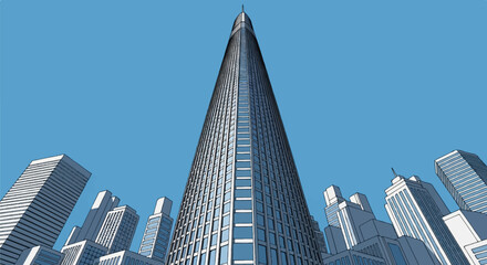 Obraz premium A low-angle view of a tall skyscraper surrounded by other buildings under a clear blue sky