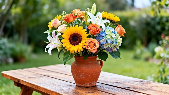 Flower arrangement in clay pot on wooden table
