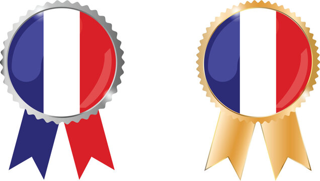 Two award rosette badges with France flag colors blue white red tricolor, silver and gold ribbons, vector illustration concept for national events, celebrations and patriotic graphics