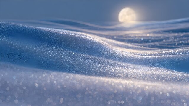 Peaceful Winter Landscape of Frosty Snow Dunes with Blurred Full Moon