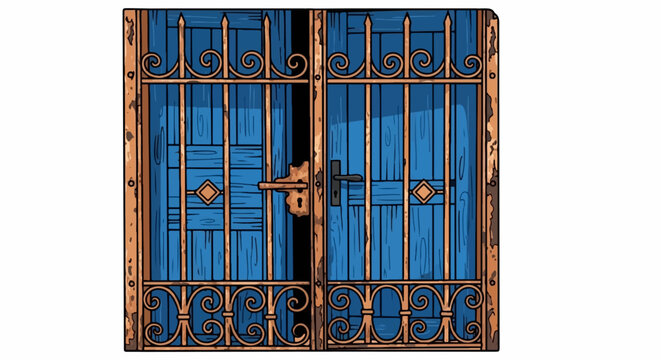 Rustic blue wooden double doors with ornate metal gate and old hardware