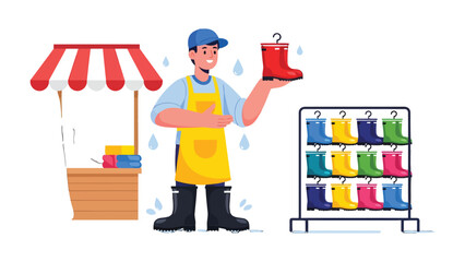 Boot Seller in Rain: A smiling vendor, stands amidst a gentle rainfall, holding a vibrant red boot, with a colorful array of wellington boots displayed ready for sale. © Mohiuddin123