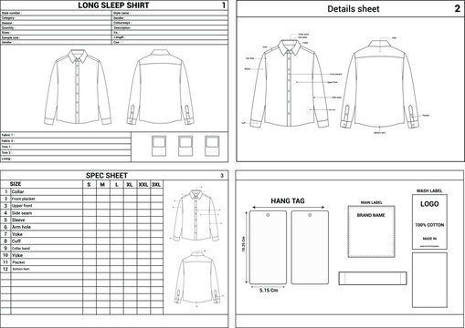 Men&rsquo;s Full Sleeve Shirt Tech Pack Template Front and Back View