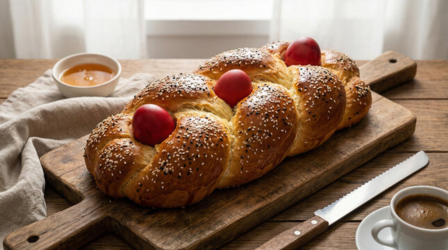 Whole braided Greek Easter bread tsoureki with red eggs and sesame seeds on wooden board