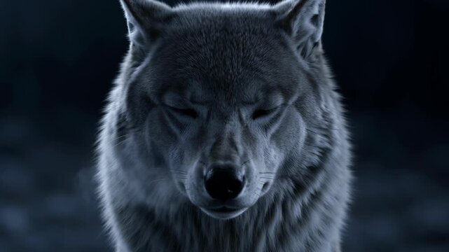 Grey wolf staring forward in cold environment, visible breath, icy eyes, dark cinematic tone, detailed fur motion.