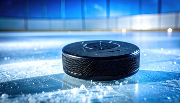 A black hockey puck rests on the ice surface of a rink, ready for play.