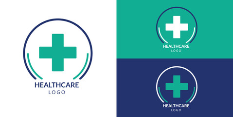Obraz premium Three healthcare cross logo variations in circle with Healthcare and Tagline placeholder text on white teal and navy backgrounds, vector illustration concept for medical branding, clinic icons and hea