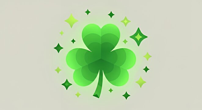 Bright Green Four Leaf Clover with Sparkling Stars on Light Background
