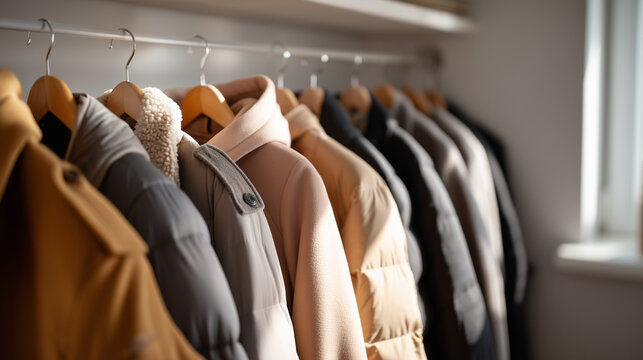 open wardrobe during autumn to early winter transition, mixed outerwear including trench coats, wool coats, padded jackets, puffer coats, shearling jackets, and hoodies, slightly u