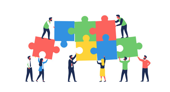 People working together on puzzle pieces.