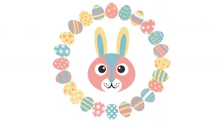 Fototapeta premium Cute Bunny Face Surrounded by Colorful Easter Eggs in Circular Pattern for Spring Holiday Celebrations