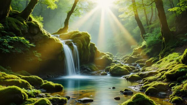 Gentle sunrays streaming through green forest canopy over mossy rocks and trickling stream forming a small waterfall, calm enchanted morning atmosphere