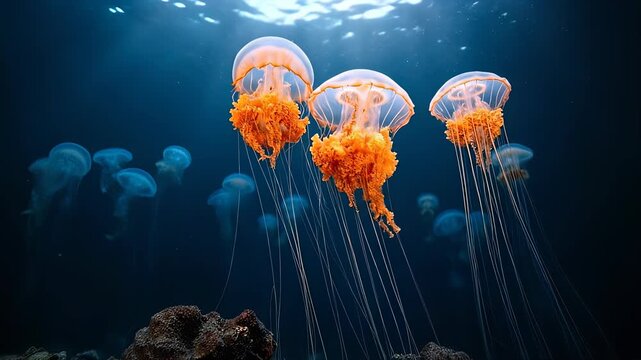 Orange jellyfish drifting underwater in deep blue ocean, marine wildlife scene, ocean life, underwater nature, serene mood, marine biodiversity.
