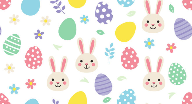 Easter celebration features colorful eggs bunnies flowers and leaves on a white background