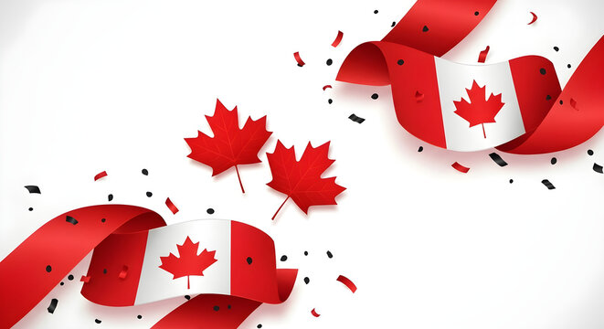 Celebrating canada day with patriotic maple leafs and red ribbon on white background