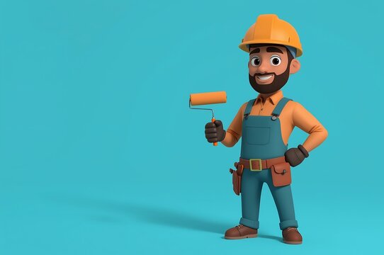 Cartoon construction worker with paint roller and orange hard hat, smiling handyman with overalls and tool belt against turquoise background