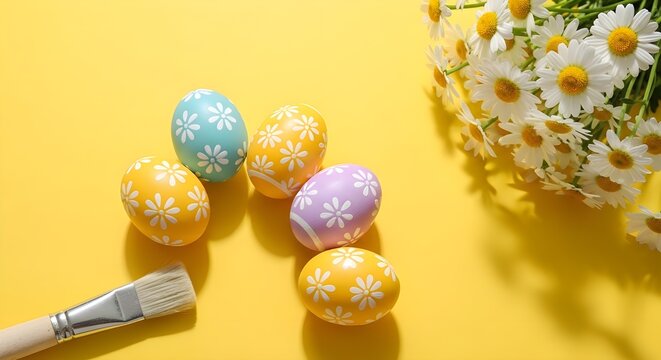 Easter monday decorative eggs and flowers on yellow background