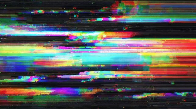 Abstract digital glitch art with vibrant neon colors and horizontal lines