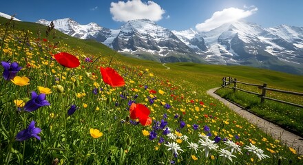 Fototapeta premium Scenic mountain meadow with vibrant wildflowers and snow-capped peaks.