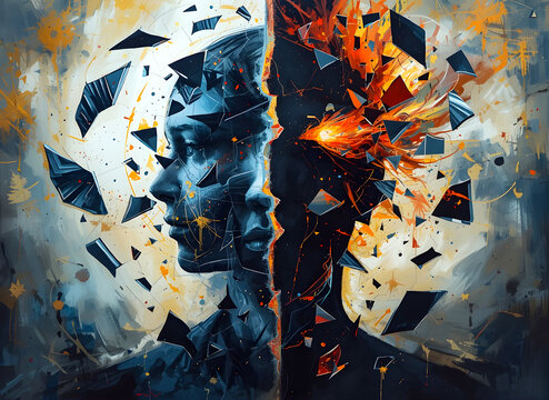 Abstract Split-Face Portrait Representing Duality of Mind and Emotion
